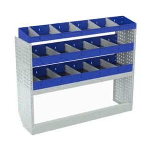 Scaffalatura interna base, sinistra colore blu con 2 copri passaruota aperti e scaffalature blu con divisori e scaffalatura terminale con divisori per veicoli TOYOTA PROACE 2016 S.