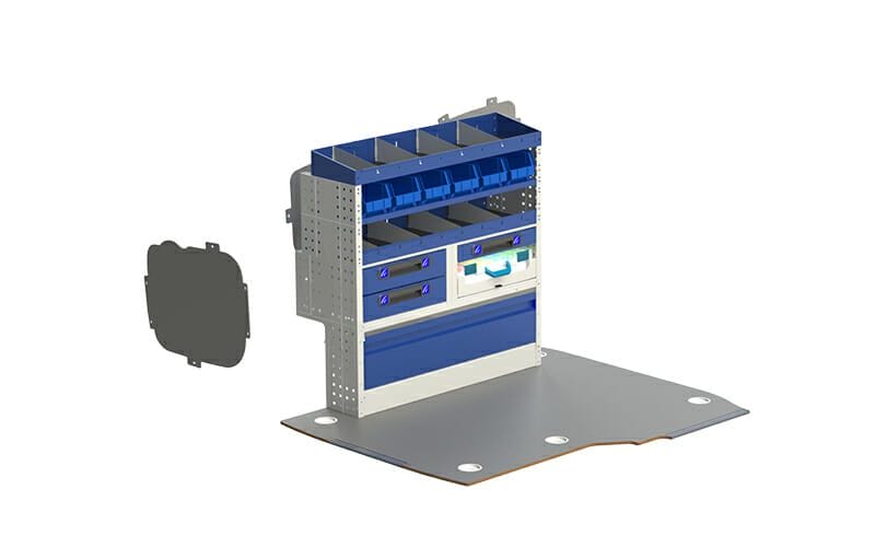 Allestimento veicoli commerciali, lato sinistro FIAT FIORINO VAN composto da pianale per furgone in multistratto fenolico e rivestimento interno per furgoni, con moduli: copriruote con ante basculanti, cassettiere con cassetti blu, valigie con divisori asportabili, valigie in metallo estraibili, Vaschette a bocca di lupo, scaffali aperti con divisori ed scaffalatura terminale