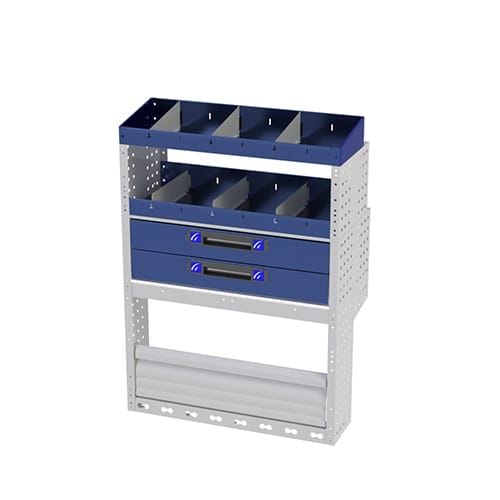Scaffalatura interna destra comfort con copri passaruota con antina di chiusura, cassettiere con cassetti blu, scaffalature con divisori, scaffalatura con contenitori asportabili gialli e scaffalatura terminale con divisori per furgoni NISSAN NV400 2010 L1H1.