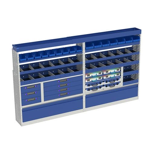 Allestimento luxury, sinistra con copri passaruota ad anta-basculante blu, cassettiere con cassetti blu, scaffalature con valigie in plastica trasparenti, scaffalature con contenitori asportabili gialli per veicoli Ford Transit 2014 L3H3