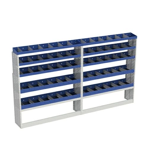 Scaffalatura interna base, sinistra colore blu con 2 copri passaruota aperti e scaffalature blu con divisori e scaffalatura terminale con divisori per veicoli Ford Transit 2014 L3H3