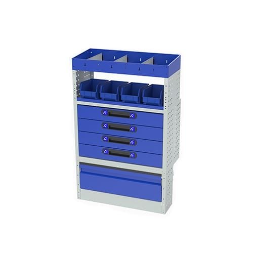 Allestimento interno destro luxury con copri passaruota ad anta basculante, scaffalatura con cassetti, scaffalatura con vassoi aventi valigie in plastica, scaffalature con divisori, scaffalature con contenitori asportabili e scaffalatura terminale con divisori per veicoli CITROEN JUMPY 2016 XS.