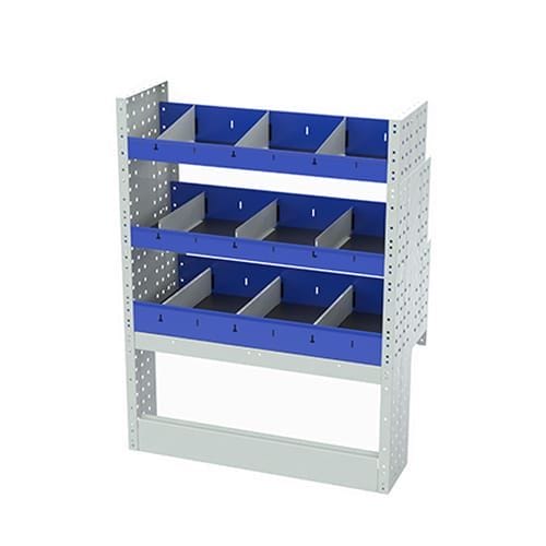 Scaffalatura interna destra base con copri passaruota aperto, scaffalature con divisori e terminale con divisori per furgoni VOLKSWAGEN CADDY 2004 L1.