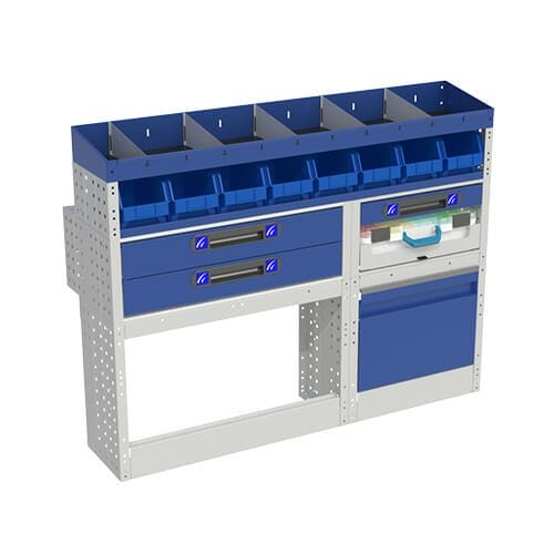 Allestimento luxury, sinistra con copri passaruota ad anta-basculante blu, cassettiere con cassetti blu, scaffalature con valigie in plastica trasparenti, scaffalature con contenitori asportabili gialli per veicoli Mercedes Citan 2013 Long