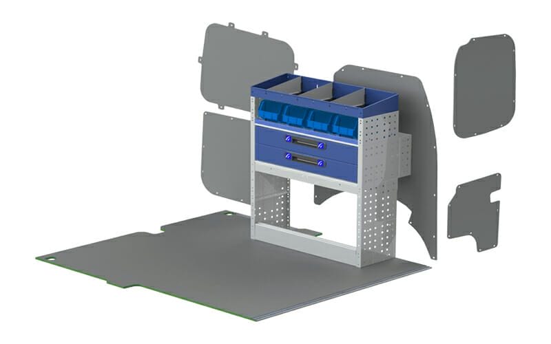 Allestimento veicoli commerciali MERCEDES CITAN con pianale e rivestimento, scaffalatura per veicoli commerciali costituita da copriruota aperto, cassetti, vaschette estraibili, e terminale con divisori