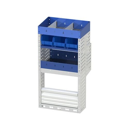 Scaffalatura interna destra comfort con copri passaruota con antina di chiusura, cassettiere con cassetti blu, scaffalature con divisori, scaffalatura con contenitori asportabili gialli e scaffalatura terminale con divisori per furgoni FIAT FIORINO 2008 l1h1.