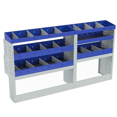 Scaffalatura interna base, sinistra colore blu con 2 copri passaruota aperti e scaffalature blu con divisori e scaffalatura terminale con divisori per veicoli Volkswagen Caddy L2 Maxi.