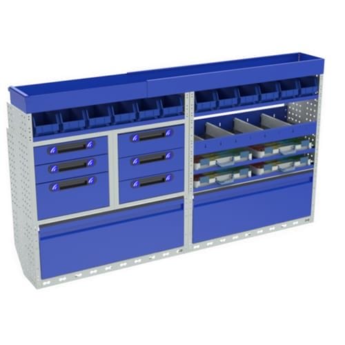 Allestimento luxury, sinistra con copri passaruota ad anta-basculante blu, cassettiere con cassetti blu, scaffalature con valigie in plastica trasparenti, scaffalature con contenitori asportabili gialli per veicoli CITROEN JUMPY 2016 M.