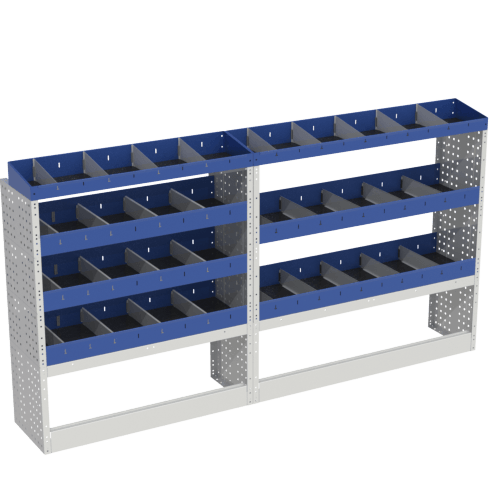 Scaffalatura interna base, sinistra colore blu con 2 copri passaruota aperti e scaffalature blu con divisori e scaffalatura terminale con divisori per veicoli FIAT TALENTO 2014 L2H1.