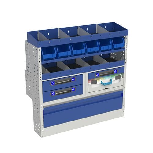 Allestimento luxury, sinitra con copri passaruota ad anta-basculante blu, cassettiere con cassetti, scaffalature con valigie in plastica, scaffalature con contenitori asportabili gialli per veicoli CITROEN NEMO VAN.