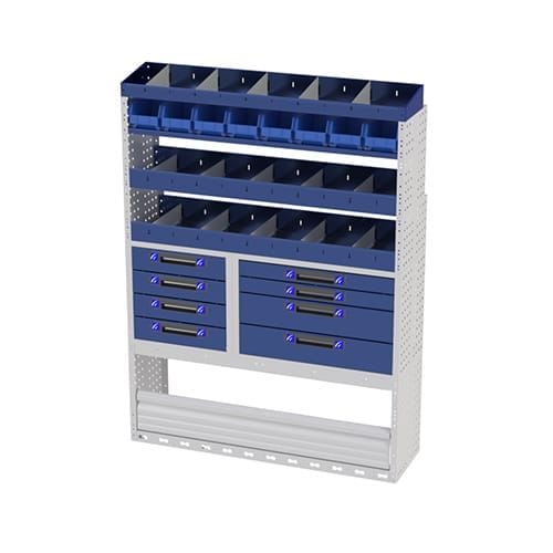 Scaffalatura interna destra comfort con copri passaruota con antina di chiusura, cassettiere con cassetti blu, scaffalature con divisori, scaffalatura con contenitori asportabili gialli e scaffalatura terminale con divisori per furgoni Ford Transit L2H2