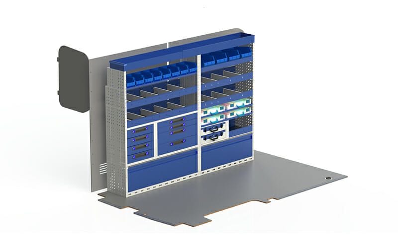 Allestimento veicoli commerciali, lato sinistro FORD TRANSIT 2014 composto da pianale per furgone in multistratto fenolico e rivestimento interno per furgoni, con moduli: copriruote con ante basculanti, cassettiere con cassetti blu, valigie con divisori asportabili, valigie in metallo estraibili, Vaschette a bocca di lupo, scaffali aperti con divisori ed scaffalatura terminale