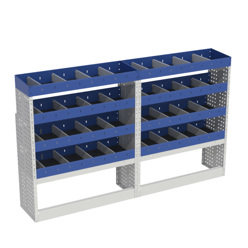 Scaffalatura interna base, sinistra colore blu con 2 copri passaruota aperti e scaffalature blu con divisori e scaffalatura terminale con divisori per veicoli fiat talento l1h1