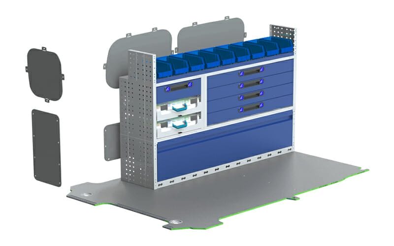 Allestimento veicoli commerciali, lato sinistro NISSAN NV200 VAN composto da pianale per furgone in multistratto fenolico e rivestimento interno per furgoni, con moduli: copriruote con ante basculanti, cassettiere con cassetti blu, valigie con divisori asportabili, valigie in metallo estraibili, Vaschette a bocca di lupo, scaffali aperti con divisori ed scaffalatura terminale