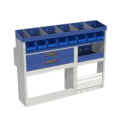Allestimento interno confort, sinistro per con copri passaruota con antina di chiusura, copri passaruota con kit ferma valigia, con scaffalatura con cassetti colore blu, scaffalature con contenitori asportabili di colore giallo e blu, con scaffalatura con divisori e scaffalatura terminale per furgoni Mercedes Citan 2013 Long