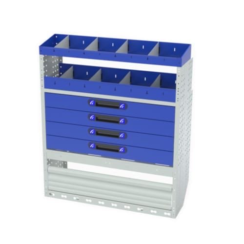 Scaffalatura interna destra comfort con copri passaruota con antina di chiusura, cassettiere con cassetti blu, scaffalature con divisori, scaffalatura con contenitori asportabili gialli e scaffalatura terminale con divisori per furgoni CITROEN JUMPY 2016 M.