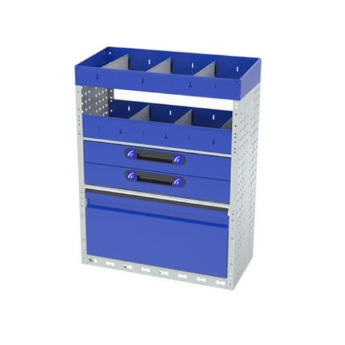 Allestimento interno destro luxury con copri passaruota ad anta basculante, scaffalatura con cassetti, scaffalatura con vassoi aventi valigie in plastica, scaffalature con divisori, scaffalature con contenitori asportabili e scaffalatura terminale con divisori per veicoli TOYOTA PROACE 2016 S.