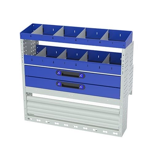 Scaffalatura interna destra comfort con copri passaruota con antina di chiusura, cassettiere con cassetti blu, scaffalature con divisori, scaffalatura con contenitori asportabili gialli e scaffalatura terminale con divisori per furgoni Volkswagen Caddy L2 Maxi.