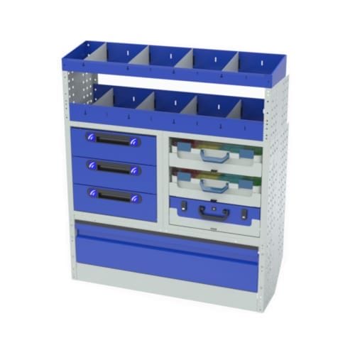 Allestimento interno destro luxury con copri passaruota ad anta basculante, scaffalatura con cassetti, scaffalatura con vassoi aventi valigie in plastica, scaffalature con divisori, scaffalature con contenitori asportabili e scaffalatura terminale con divisori per veicoli CITROEN JUMPY 2016 M.