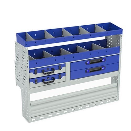 Allestimento interno confort, sinistro per con copri passaruota con antina di chiusura, copri passaruota con kit ferma valigia, con scaffalatura con cassetti colore blu, scaffalature con contenitori asportabili di colore giallo e blu, con scaffalatura con divisori e scaffalatura terminale per furgoni VOLKSWAGEN CADDY 2004 L1.