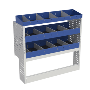 Scaffalatura interna base, sinistra colore blu con 2 copri passaruota aperti e scaffalature blu con divisori e scaffalatura terminale con divisori per veicoli FIAT FIORINO 2008 l1h1.