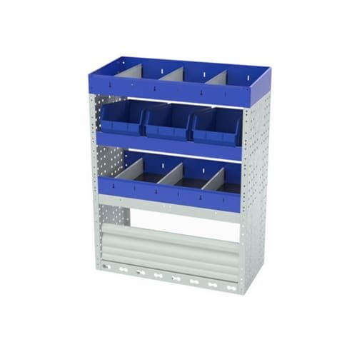 Scaffalatura interna destra comfort con copri passaruota con antina di chiusura, cassettiere con cassetti blu, scaffalature con divisori, scaffalatura con contenitori asportabili gialli e scaffalatura terminale con divisori per furgoni OPEL COMBO CARGO M.