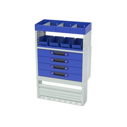 Scaffalatura interna destra comfort con copri passaruota con antina di chiusura, cassettiere con cassetti blu, scaffalature con divisori, scaffalatura con contenitori asportabili gialli e scaffalatura terminale con divisori per furgoni CITROEN JUMPY 2016 XS.