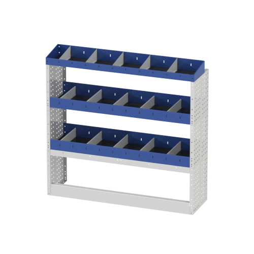 Scaffalatura interna destra base con copri passaruota aperto, scaffalature con divisori e terminale con divisori per furgoni FIAT TALENTO 2014 L2H1.