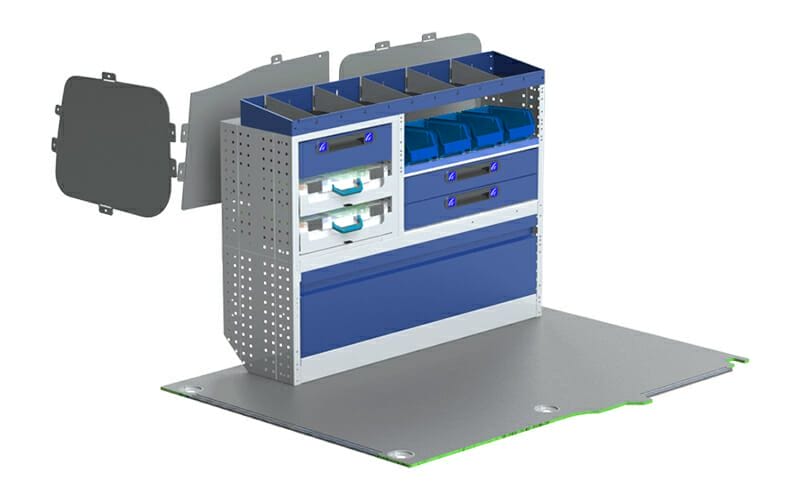 Allestimento veicoli commerciali, lato sinistro OPEL COMBO composto da pianale per furgone in multistratto fenolico e rivestimento interno per furgoni, con moduli: copriruote con ante basculanti, cassettiere con cassetti blu, valigie con divisori asportabili, valigie in metallo estraibili, Vaschette a bocca di lupo, scaffali aperti con divisori ed scaffalatura terminale