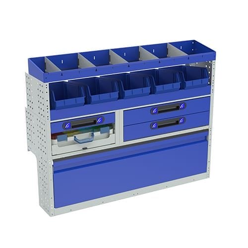 Allestimento luxury, sinistra con copri passaruota ad anta-basculante blu, cassettiere con cassetti blu, scaffalature con valigie in plastica trasparenti, scaffalature con contenitori asportabili gialli per veicoli VOLKSWAGEN CADDY 2004 L1.