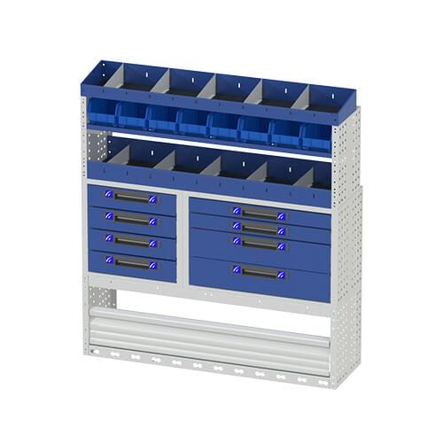 Scaffalatura interna destra comfort con copri passaruota con antina di chiusura, cassettiere con cassetti blu, scaffalature con divisori, scaffalatura con contenitori asportabili gialli e scaffalatura terminale con divisori per furgoni Iveco Daily L1H1.