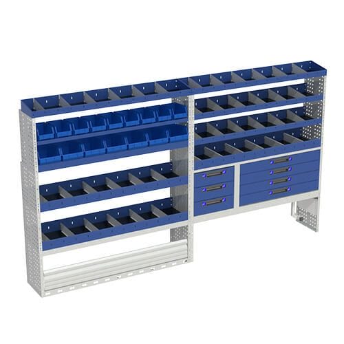 Allestimento interno confort, sinistro per con copri passaruota con antina di chiusura, copri passaruota con kit ferma valigia, con scaffalatura con cassetti colore blu, scaffalature con contenitori asportabili di colore giallo e blu, con scaffalatura con divisori e scaffalatura terminale per furgoni Ford Transit 2014 L3H3