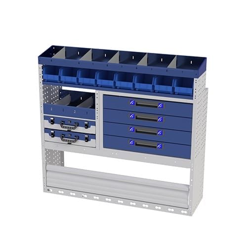 Scaffalatura interna destra comfort con copri passaruota con antina di chiusura, cassettiere con cassetti blu, scaffalature con divisori, scaffalatura con contenitori asportabili gialli e scaffalatura terminale con divisori per furgoni MERCEDES VITO 2014 EXTRALONG