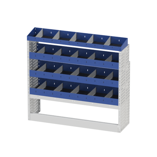 Scaffalatura interna destra base con copri passaruota aperto, scaffalature con divisori e terminale con divisori per furgoni MERCEDES VITO 2014 EXTRALONG.