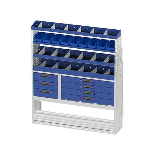 Scaffalatura interna destra comfort con copri passaruota con antina di chiusura, cassettiere con cassetti blu, scaffalature con divisori, scaffalatura con contenitori asportabili gialli e scaffalatura terminale con divisori per furgoni Iveco Daily L3H2.