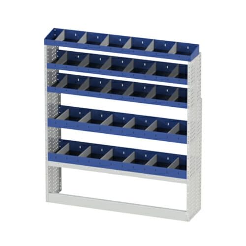 Scaffalatura interna destra base con copri passaruota aperto, scaffalature con divisori e terminale con divisori per furgoni Ford Transit 2014 L3H3