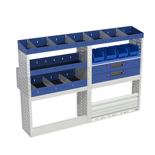 Allestimento interno confort, sinistro per con copri passaruota con antina di chiusura, copri passaruota con kit ferma valigia, con scaffalatura con cassetti colore blu, scaffalature con contenitori asportabili di colore giallo e blu, con scaffalatura con divisori e scaffalatura terminale per furgoni Mercedes Citan 2013 Extra-Long.