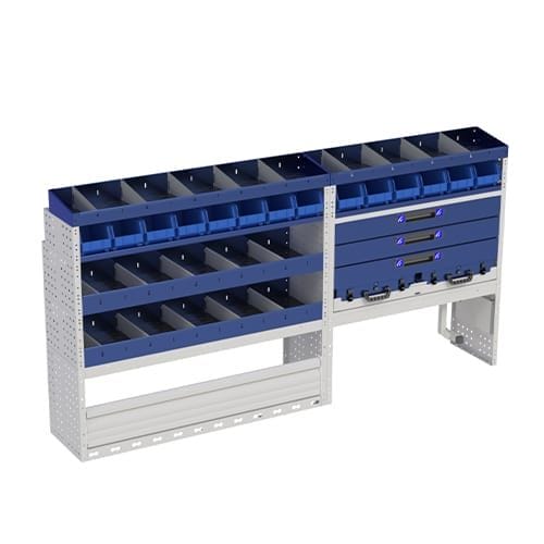 Allestimento interno confort, sinistro per con copri passaruota con antina di chiusura, copri passaruota con kit ferma valigia, con scaffalatura con cassetti colore blu, scaffalature con contenitori asportabili di colore giallo e blu, con scaffalatura con divisori e scaffalatura terminale per furgoni MERCEDES VITO 2014 EXTRALONG