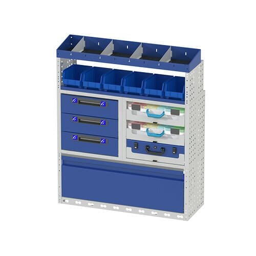 Allestimento interno destro luxury con copri passaruota ad anta basculante, scaffalatura con cassetti, scaffalatura con vassoi aventi valigie in plastica, scaffalature con divisori, scaffalature con contenitori asportabili e scaffalatura terminale con divisori e morsa basculante per veicoli fiat talento l1h1