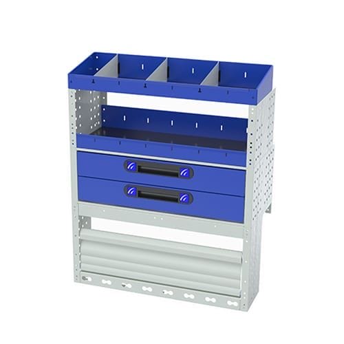 Scaffalatura interna destra comfort con copri passaruota con antina di chiusura, cassettiere con cassetti blu, scaffalature con divisori, scaffalatura con contenitori asportabili gialli e scaffalatura terminale con divisori per furgoni VOLKSWAGEN CADDY 2004 L1.