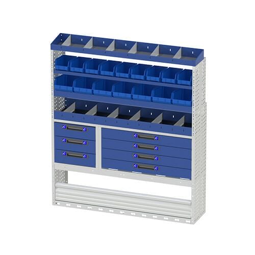 Scaffalatura interna destra comfort con copri passaruota con antina di chiusura, cassettiere con cassetti blu, scaffalature con divisori, scaffalatura con contenitori asportabili gialli e scaffalatura terminale con divisori per furgoni Ford Transit 2014 L3H3