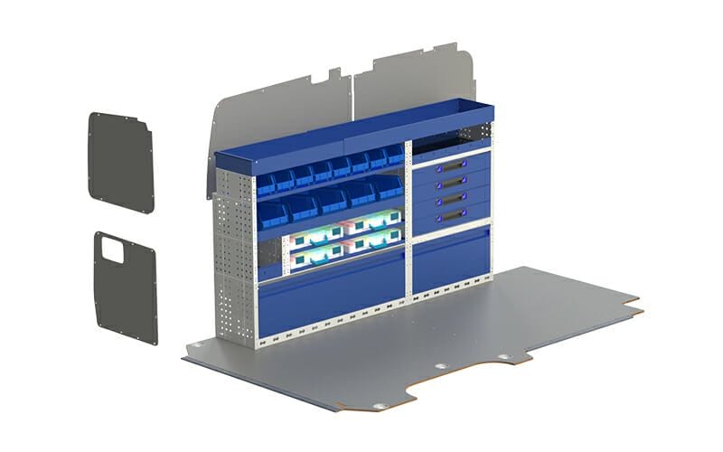 Allestimento veicoli commerciali, lato sinistro MERCEDES VITO composto da pianale per furgone in multistratto fenolico e rivestimento interno per furgoni, con moduli: copriruote con ante basculanti, cassettiere con cassetti blu, valigie con divisori asportabili, valigie in metallo estraibili, Vaschette a bocca di lupo, scaffali aperti con divisori ed scaffalatura terminale