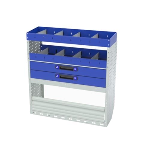 Scaffalatura interna destra comfort con copri passaruota con antina di chiusura, cassettiere con cassetti blu, scaffalature con divisori, scaffalatura con contenitori asportabili gialli e scaffalatura terminale con divisori per furgoni PEUGEOT PARTNER L1.