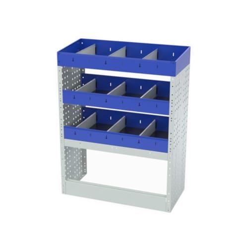 Scaffalatura interna destra base con copri passaruota aperto, scaffalature con divisori e terminale con divisori per furgoni PEUGEOT PARTNER L1.