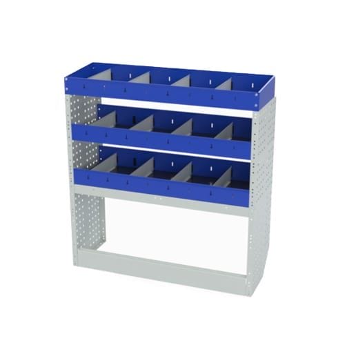 Scaffalatura interna destra base con copri passaruota aperto, scaffalature con divisori e terminale con divisori per furgoni PEUGEOT PARTNER L1.