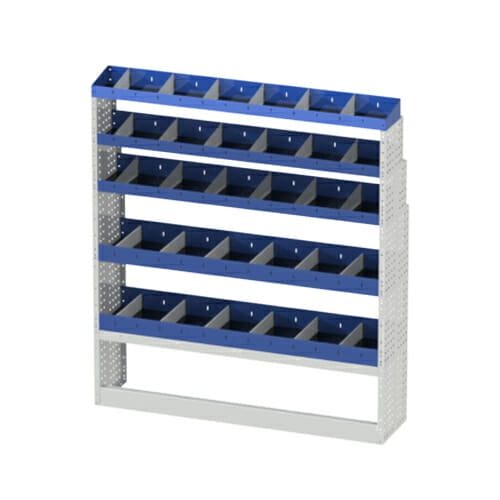 Scaffalatura interna destra base con copri passaruota aperto, scaffalature con divisori e terminale con divisori per furgoni Iveco Daily L2H2.