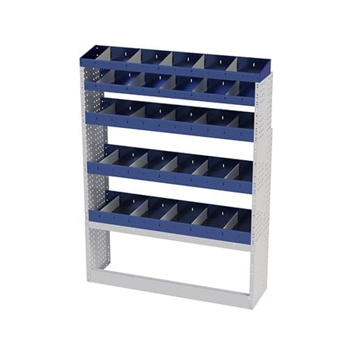 Scaffalatura interna destra base con copri passaruota aperto, scaffalature con divisori e terminale con divisori per furgoni Ford Transit L2H2