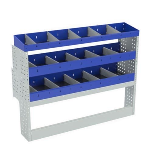 Scaffalatura interna base, sinistra colore blu con 2 copri passaruota aperti e scaffalature blu con divisori e scaffalatura terminale con divisori per veicoli VOLKSWAGEN CADDY 2004 L1.