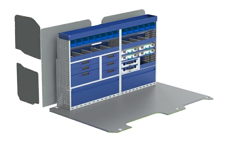Allestimento veicoli commerciali, lato sinistro IVECO DAILY 2014 composto da pianale per furgone in multistratto fenolico e rivestimento interno per furgoni, con moduli: copriruote con ante basculanti, cassettiere con cassetti blu, valigie con divisori asportabili, valigie in metallo estraibili, Vaschette a bocca di lupo, scaffali aperti con divisori ed scaffalatura terminale