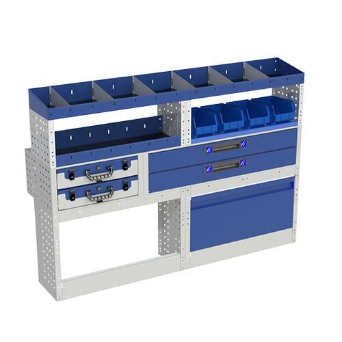 Allestimento luxury, sinistra con copri passaruota ad anta-basculante blu, cassettiere con cassetti blu, scaffalature con valigie in plastica trasparenti, scaffalature con contenitori asportabili gialli per veicoli Mercedes Citan 2013 Extra-Long.